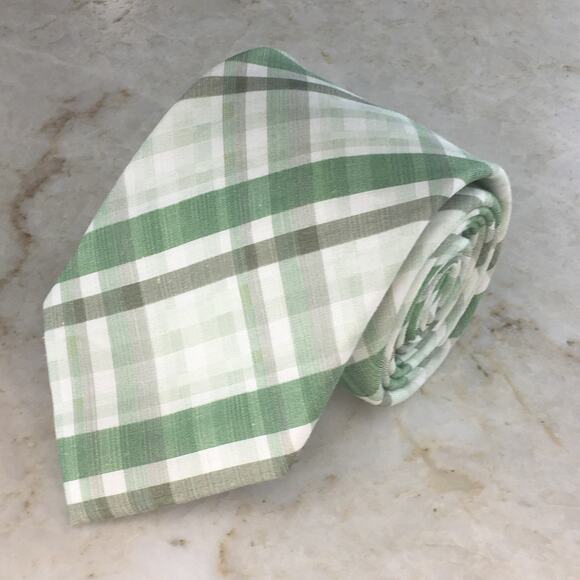 PRONTO UOMO GREEN CREAM PLAID SILK LINEN BLEND NECKTIE ( XL) - Picture 12 of 12